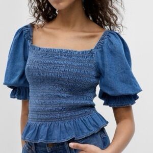 GAP Blue Smocked Square-Neck Peplum Puff-Sleeve Top
